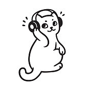 Cartoon cat with headphones listening to music. Cute music fan kitty drawing, black and white vector illustration.