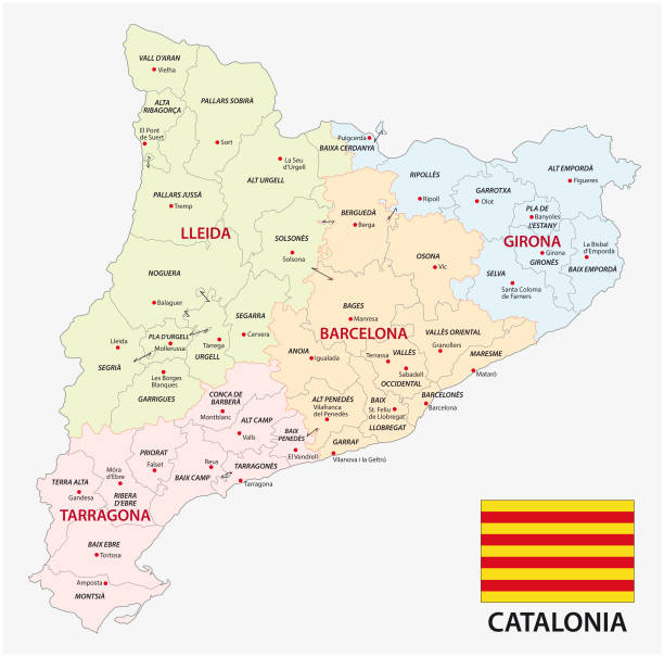 stockillustraties, clipart, cartoons en iconen met catalonië administratieve en politieke vector kaart met vlag - barcelona