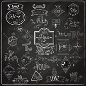 Chalk written prepositions catchwords signs collection with paris romantic heart love  emblem composition blackboard abstract vector illustration