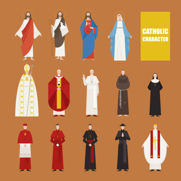 illustrazioni stock, clip art, cartoni animati e icone di tendenza di set di personaggi cattolici. - papa