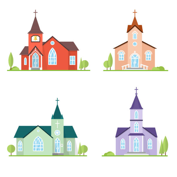 Catholic Church landscape Set of flat icon churches. For web design and application interface, also useful for infographics. Vector illustration. Catholic churches landscape. church stock illustrations
