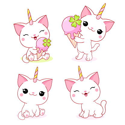 Caticorn set in kawaii style. Little unicorn cat with ice cream