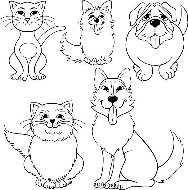 Cats And Dogs Cartoon Coloring draws of Black and white Cartoon illustrations with a set of Dog and Cat Pets Animal characters.  cute cat coloring pages stock illustrations