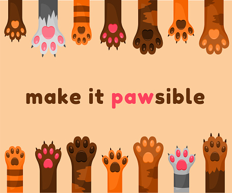 Cats and dogs paws cartoon background. Animals feet with claws and pads. Adopting pet.