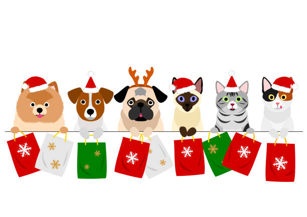 stockillustraties, clipart, cartoons en iconen met katten en honden met kerst boodschappentassen op rij - christmas cat