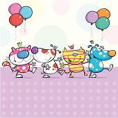 Four party cats and dogs having birthday fun.
