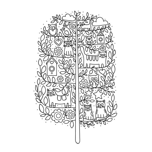 cats doodle tree Vector cartoon tree with cute elements. Hand drawn doodle illustration. Cats, owls, bird, flowers, clouds, stars, birdhouses. Coloring page for adult and kids. Outline. cute cat coloring pages stock illustrations