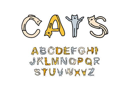 Cats hand drawn vector font type in cartoon comic style with domestic animals