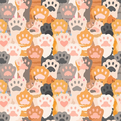 Cats paw pattern. Cute kitten foot background. Pets, wild animal vector seamless texture