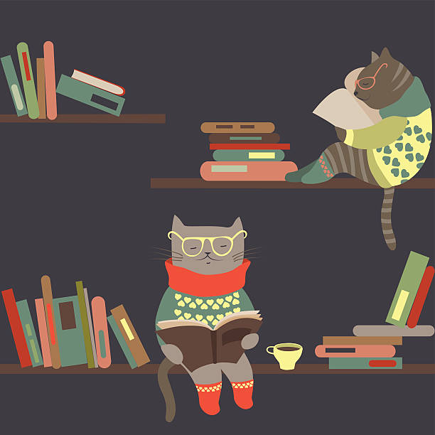 ilustrações de stock, clip art, desenhos animados e ícones de estantes de livros em gatos leitura - book cat