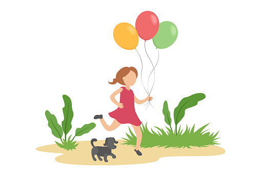 Caucasian girl run with helium balloons. Vector illustration