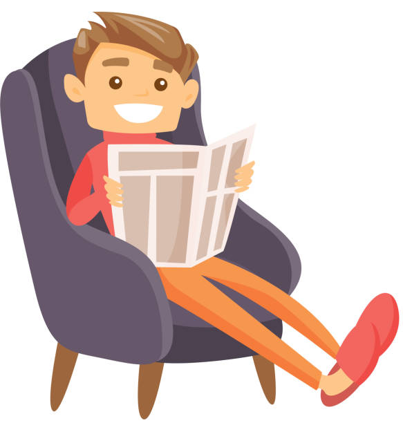 illustrazioni stock, clip art, cartoni animati e icone di tendenza di uomo caucasico seduto in poltrona con giornale - young man read newspaper