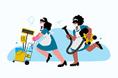 istock Caucasian,african-american hotel maids in uniform and medical protective hurry to clean up.Cleaning service illustration. 1322190954