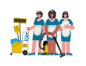 istock Caucasian,african-american hotel maids in uniform with a vacuum cleaner, pushing trolley cart with cleaning supplies, clean linens for the room.Vector illustration. 1321938661