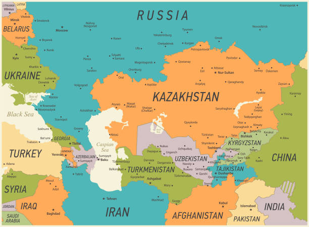 kaukasus und zentralasien karte. vektor-illustration mit kasachstan, georgien, türkei und russland geografische grenzen - kasachstan stock-grafiken, -clipart, -cartoons und -symbole