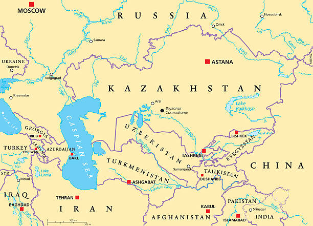 Caucasus and Central Asia Political Map Caucasus and Central Asia political map with countries, their capitals, national borders, important cities, rivers and lakes. English labeling. Illustration. baikonur stock illustrations