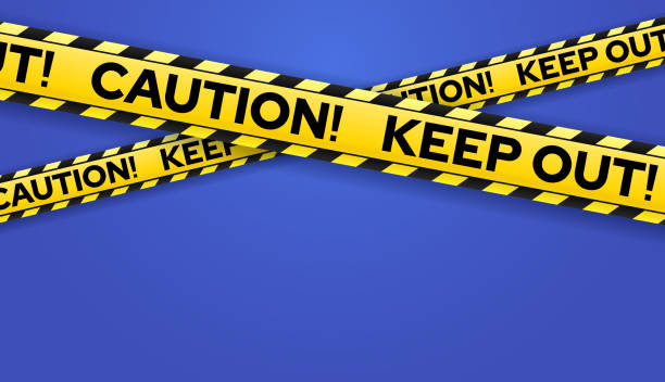 caution! keep out! warning coloration tape blue background - gun violence stock illustrations