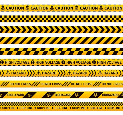 Caution ribbons. Construction tape, black yellow forensic seamless pattern sign. Warning hazard, isolated security striped banner. Police zone exact vector symbol