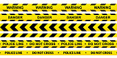 istock Caution tape set. Police line and do not cross ribbons. Yellow warning danger tapes. Abstract warning lines for police, accident, under construction. Horizontal seamless borders. Vector illustration 1405309707