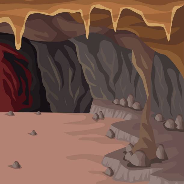 stockillustraties, clipart, cartoons en iconen met interieur achtergrond in diepe berg grot - stalactiet