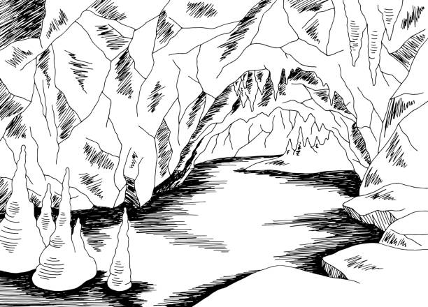 stockillustraties, clipart, cartoons en iconen met het meer grafische zwarte witte schetsillustratievector van de grot - stalagmiet
