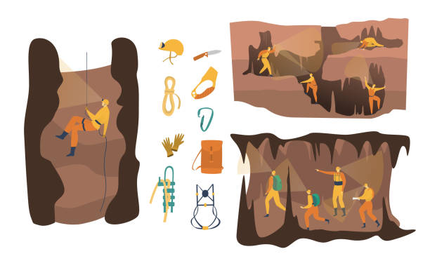 höhle höhlenhöhlenvektor-illustration, cartoon aktive höhlenforscher charakter im abenteuer, menschen klettern, abseilen set isoliert auf weiß - höhlenklettern stock-grafiken, -clipart, -cartoons und -symbole