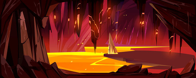 Cave with lava, underground hell landscape, game