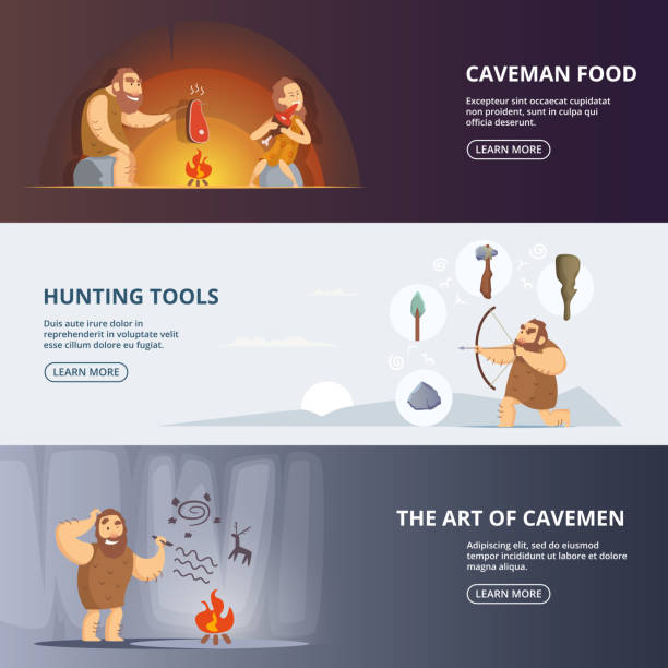 ilustrações de stock, clip art, desenhos animados e ícones de caveman and woman in prehistoric period. banners set with place for your text - fire caveman