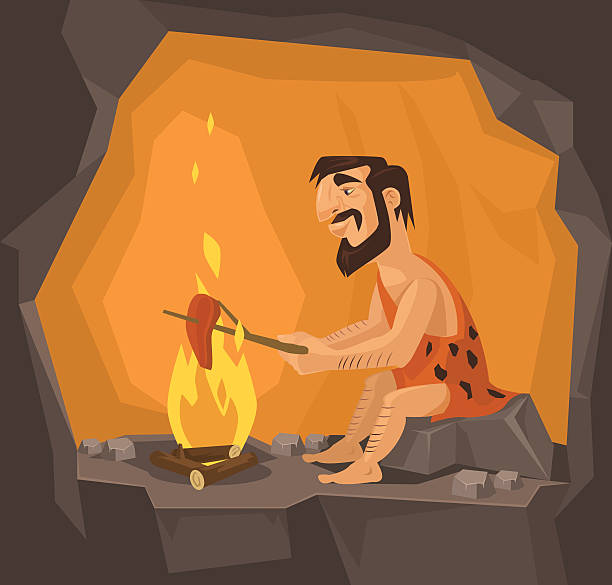 ilustrações de stock, clip art, desenhos animados e ícones de homem das cavernas está a cozinhar na caverna. vector ilustração plana - fire caveman