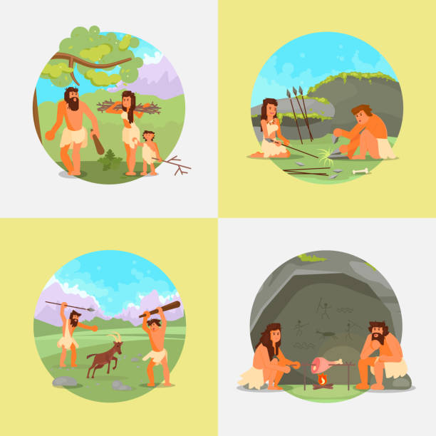 ilustrações de stock, clip art, desenhos animados e ícones de cavemen stone age people vector flat illustration - fire caveman