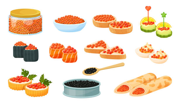 Caviar red and black, vector flat illustration set isolated on white, pancakes and sandwich with caviar, roll, snack, canned caviar. Caviar red and black, vector flat illustration isolated on white. Delicious caviare snack and canape, pancakes, roll and sandwich with roes, canned caviar. Seafood product of red fish and sturgeon. roe stock illustrations
