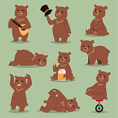 Ccute cartoon vector bear emotions brown character happy smiling bear drawing mammal teddy smile. Cheerful mascot cartoon bear grizzly, young, baby animal zoo with honey, guitare, circus bike wheel.