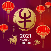 Celebrate the Year of the Ox 2021 with Chinese lanterns, gold colored ox and Chinese stamp on the red background, the Chinese stamp means ox and the vertical Chinese phrase means Year of the Ox according to Chinese calendar