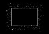 Celebrate Silver frame with glowing lights and sparkle bokeh effects, isolated on background. Shining white glitter rectangle. Luxury premium design template.
