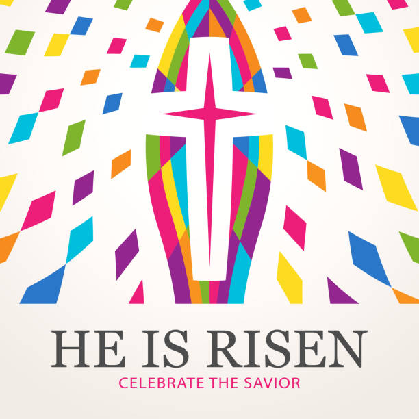 Celebrate the Risen Savior To celebrate the resurrection of Jesus Christ from the dead on the date of Easter with the background of stained glass effect religious cross backgrounds stock illustrations