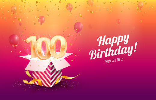 Celebrating 100th years birthday vector illustration. Hundred anniversary celebration background. Adult birth day. Open gift box with flying holiday numbers