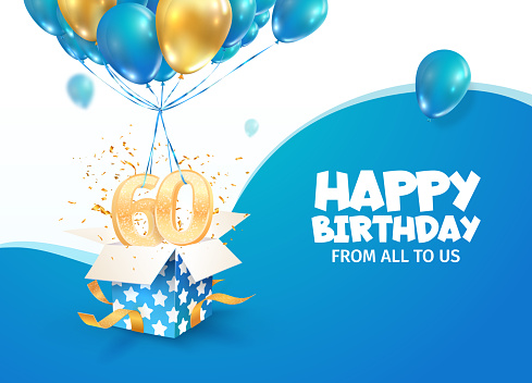 Celebrating 60th years birthday vector illustration. Sixty anniversary celebration. Adult birth day. Open gift box with numbers three and eight flying on balloons