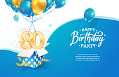 istock Celebrating 80th years birthday vector illustration. Eighty anniversary celebration. Adult birth day. Open gift box with numbers three and eight flying on balloons 1324387324