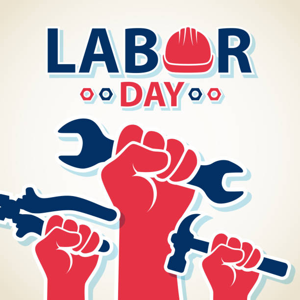 Celebrating the Labor Day with hands holding wrench, hammer, and piler showing the right of labor, together with the typography contains a work helmet