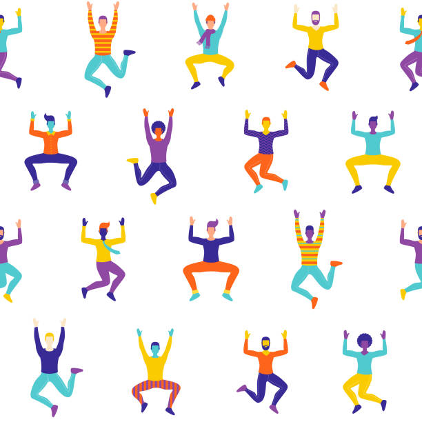 Celebrating Men Seamless Pattern A funky seamless pattern of cheering and celebrating women characters. File is built in RGB for the brightest possible colours but can easily be converted to CMYK. dancing designs stock illustrations