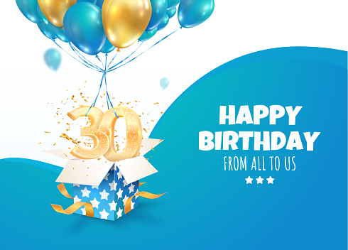 Celebrating of 30 th years birthday vector 3d illustration. Thirty anniversary celebration. Open gift box with explosions confetti and three and zero golden numbers flying on balloons