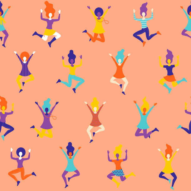 Celebrating Women Seamless Pattern A funky seamless pattern of cheering and celebrating women characters. File is built in RGB for the brightest possible colours but can easily be converted to CMYK. dancing designs stock illustrations