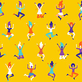 A funky seamless pattern of cheering and celebrating women characters. File is built in RGB for the brightest possible colours but can easily be converted to CMYK.