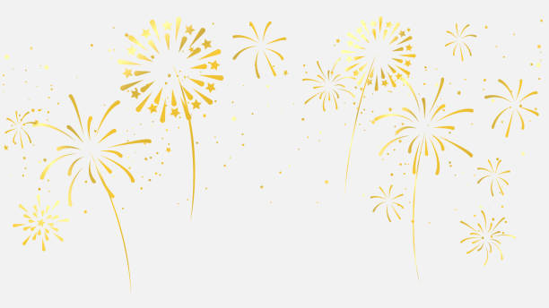 illustrazioni stock, clip art, cartoni animati e icone di tendenza di modello di sfondo celebrazione con nastri d'oro fuochi d'artificio. biglietto ricco di auguri di lusso. - fireworks