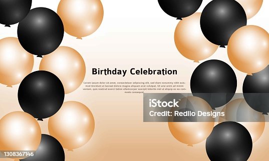 istock Celebration banner. Happy birthday party background with golden and black balloons. 1308367146