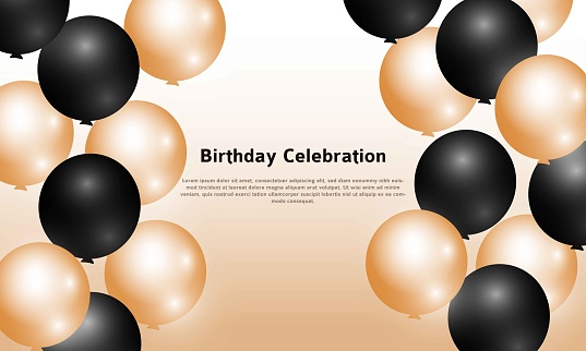 Celebration banner. Happy birthday party background with golden and black balloons.