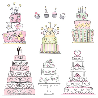Celebration cakes in sketch style.