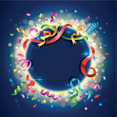 Circle badge for your text with colorful confetti and ribbon blast. Ideal for Party, New Year's Eve or other event celebration background. 