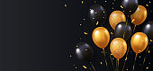 Celebration, festival background with helium balloons. Greeting banner or poster with gold and black realistic 3d vector flying balloons. Celebrate a birthday poster. Happy anniversary card.