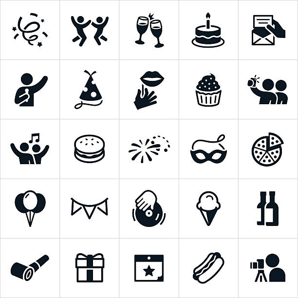 A set of celebration or party icons. The icons include people celebrating, toast, confetti, cake, invitation, singing, dancing, party props, party hat, food, dessert, DJ, balloons, gift and other related icons.